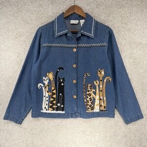 VTG 90s Breckenridge Embroidered Cat Denim Jacket Grannycore Cottage Festival Sm